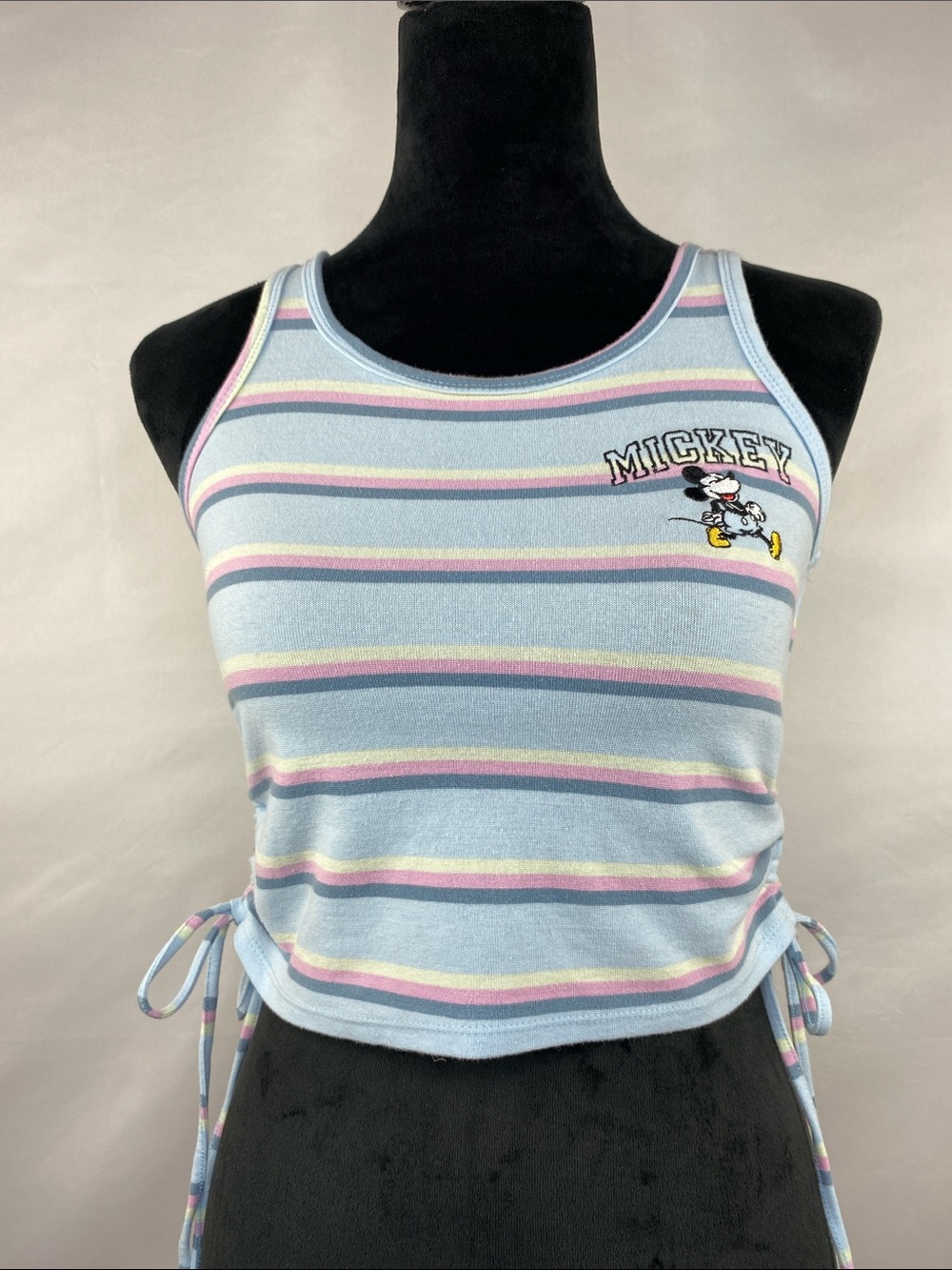 Disney Mickey Mouse Embroidered Pastel Striped Crop Tank Side Tie Ruched